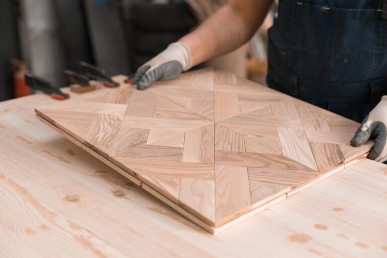 Geometric mosaic wood flooring production. premium handcrafted w